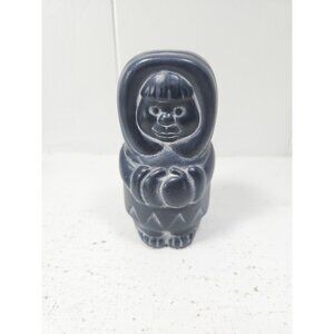 Vintage Alaska Native Clay Pottery Ceramic Black White Eskimo Figure Signed 70s